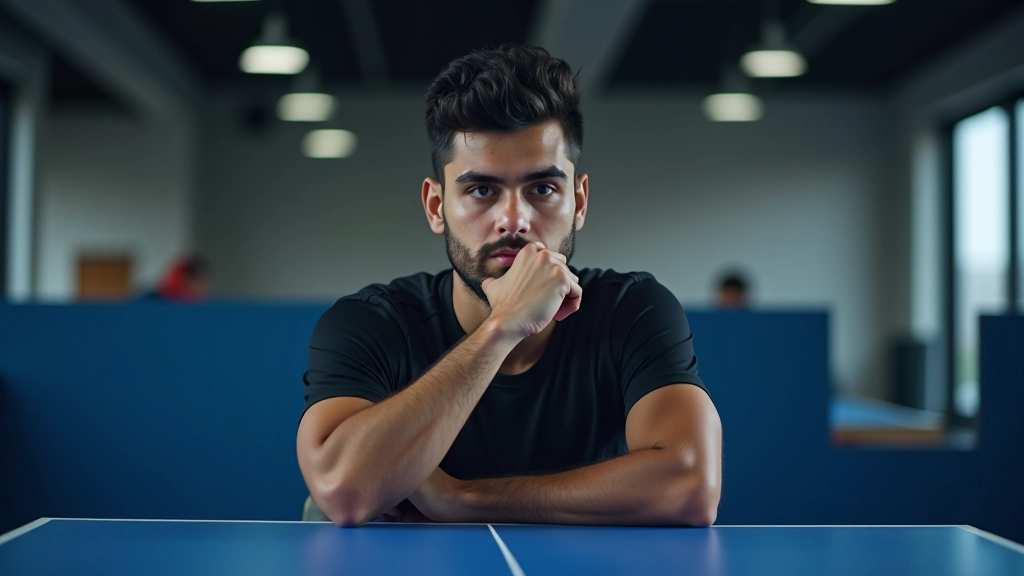 لاعب تنس طاولة في حالة تركيز عميق قبل ضربة مهمة